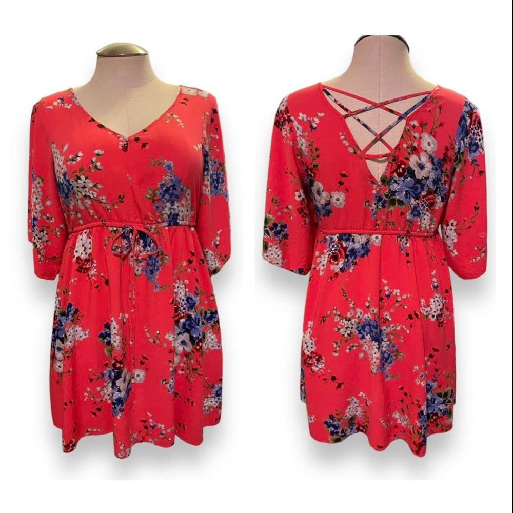 Torrid Plus Size 2 Coral Floral Strappy Back Kimono Sleeve Mini Challis Dress 2X